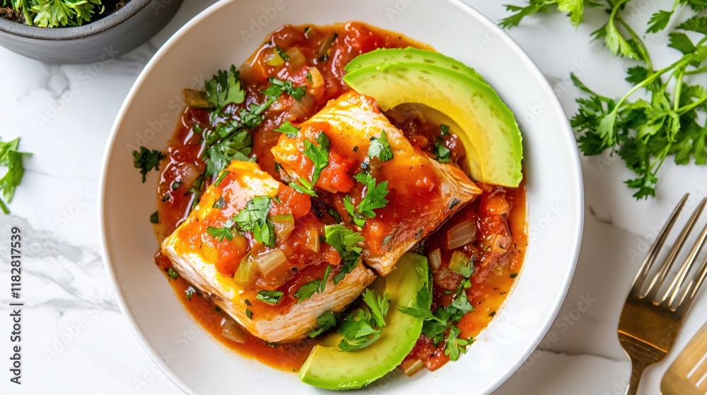 Delicious Salmon in Spicy Tomato Sauce with Avocado Garnish A Culinary Delight Delicious Salmon in Spicy Tomato Sauce with Avocado Garnish A Culinary Delight