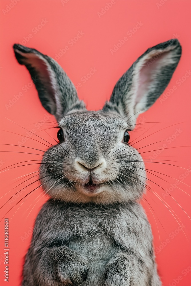 Obraz premium An endearing rabbit poses charismatically in front of a bold coral backdrop, radiating joy and cuteness.