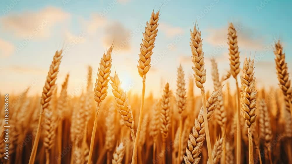 Golden wheat field at sunset with tall stalks swaying gently under vibrant sky, creating serene and peaceful atmosphere that celebrates beauty of nature and agriculture.