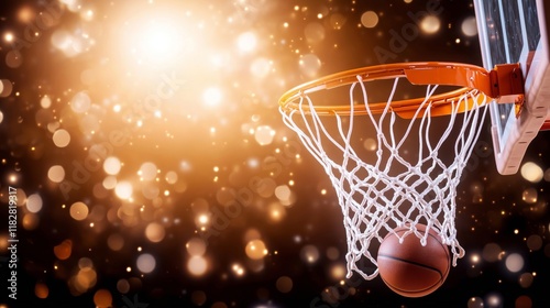 Dynamic Basketball Scene with Hoop and Bokeh Lights photo