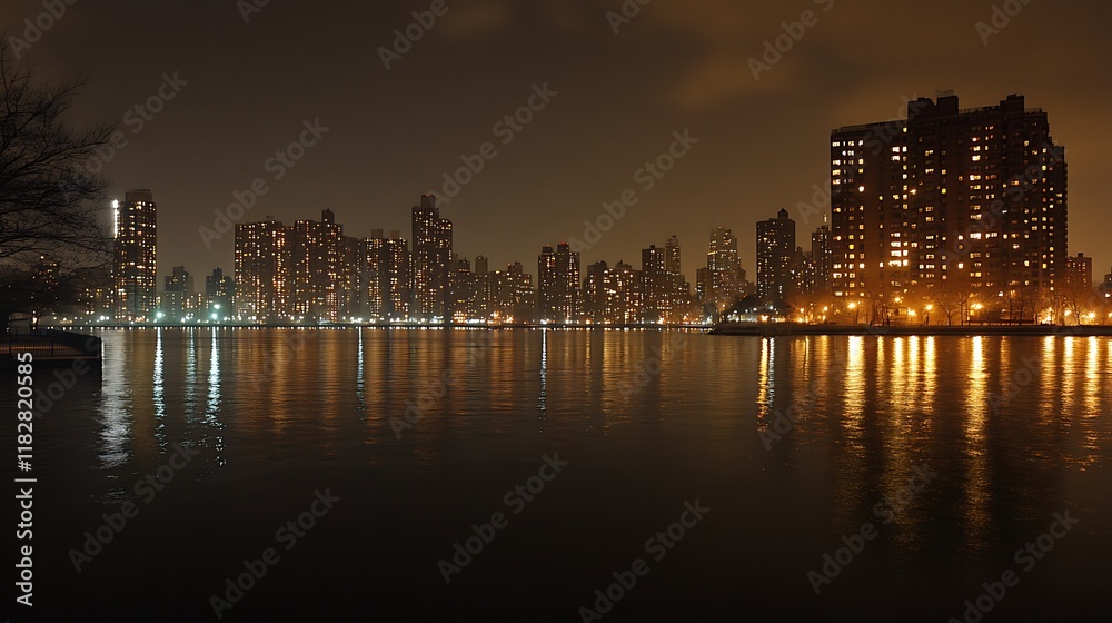 Fototapeta premium Night cityscape reflection over calm water