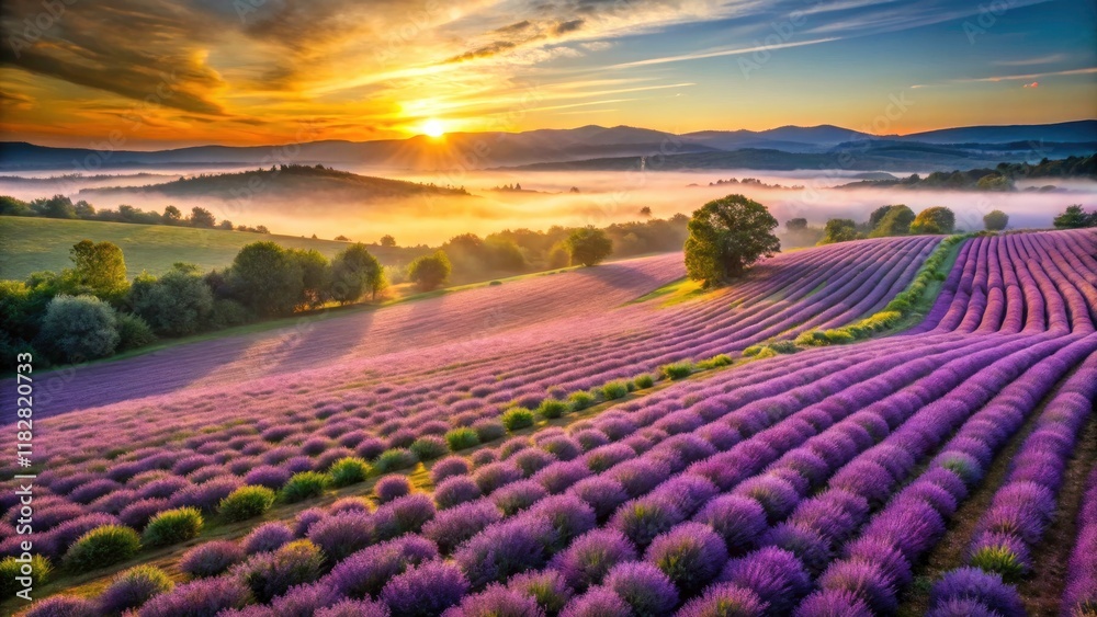 Lush Lavender Fields at Dawn - Serene Beauty in Soft Morning Light with Scenic Backdrop of Rolling Hills and Vibrant Sky Lush Lavender Fields at Dawn - Serene Beauty in Soft Morning Light with Scenic Backdrop of Rolling Hills and Vibrant Sky