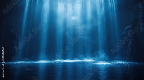 Minimalist Stage Design with Soft Blue Spotlights and Reflective Surface in Dark Interior