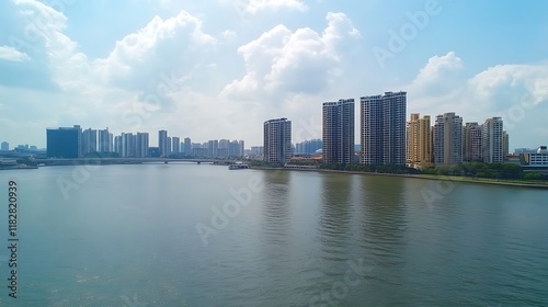 Cityscape Skyline Reflection on Calm River