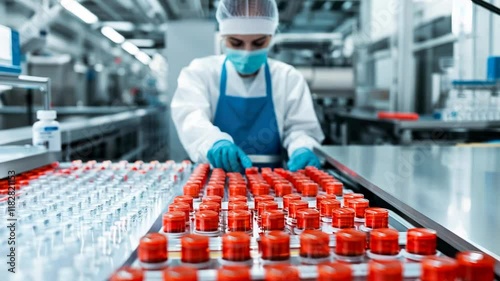 Laboratory worker in protective gear ensures safety and precision while organizing vaccine vials for pharmaceutical manufacturing in sterile environment.