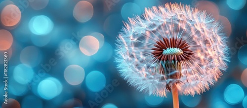 Dandelion Seeds Flying Away in Blue Sky with Pastel Colors and Dreamy Background photo