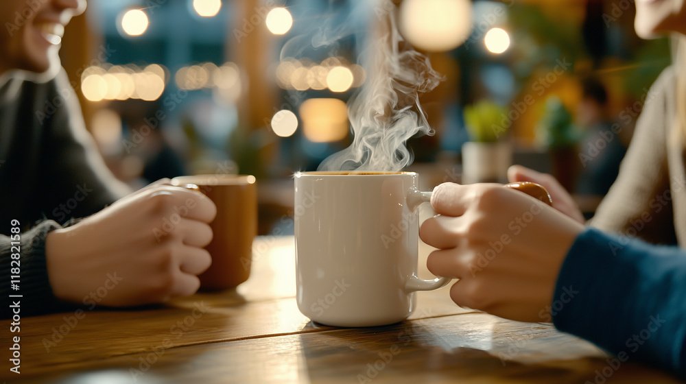 Friends Laughing Together in Cozy Cafe with Coffee Friends Laughing Together in Cozy Cafe with Coffee