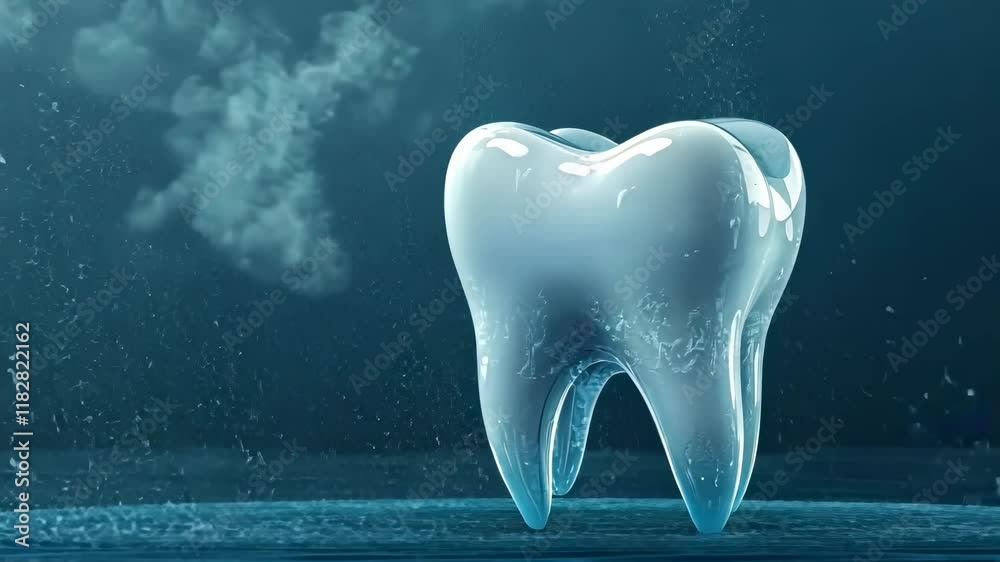 Crystal clear tooth surrounded by water vapor on blue background in concept of dentistry