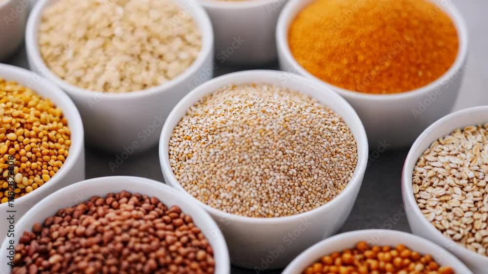 Explore Healthy World of Natural Grains and Seeds Culinary Journey Through White Bowls Showcasing Diverse Textures and Organic Food Options. Explore Healthy World of Natural Grains and Seeds Culinary Journey Through White Bowls Showcasing Diverse Textures and Organic Food Options.