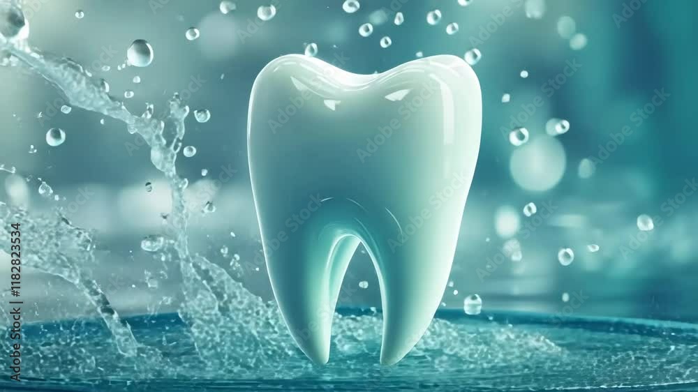 Sparkling white tooth with water splashing in blue background - concept of dental hygiene in dentistry
