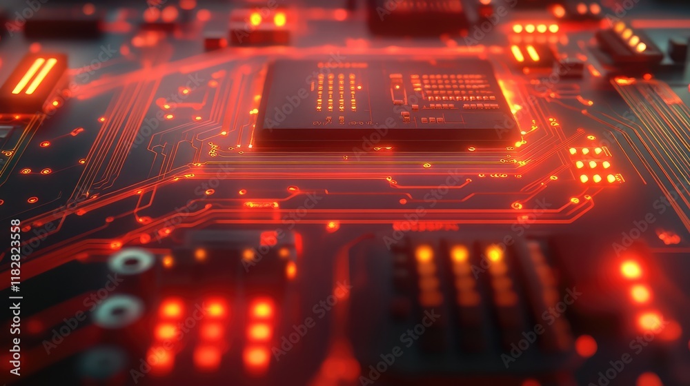 Obraz premium A close-up of an advanced circuit board with microchips and wires, with space to add text.