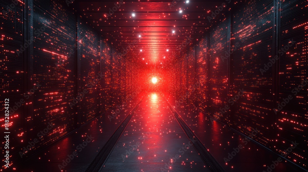 Naklejka premium Futuristic corridor with red glowing lights.