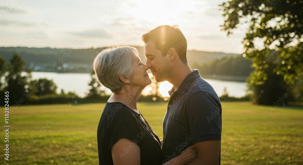 Romantic couple embracing at sunset in scenic park setting Romantic couple embracing at sunset in scenic park setting