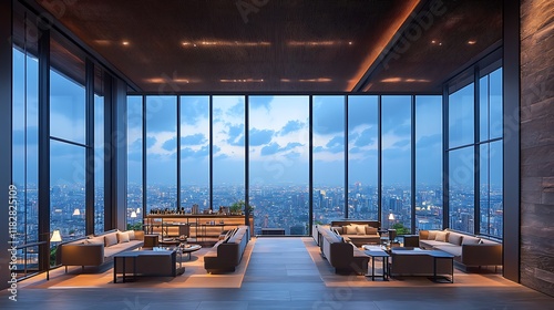 Luxury Penthouse Lounge with Panoramic City View at Dusk