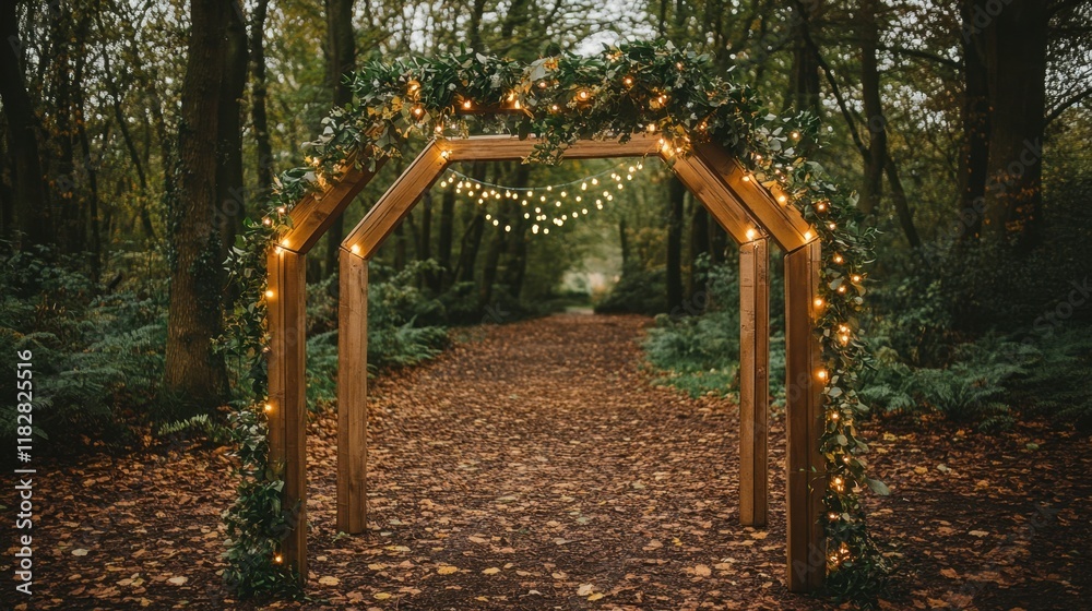 A wooden hexagonal wedding arch wrapped in greenery and fairy lights, standing in a forest clearing. A wooden hexagonal wedding arch wrapped in greenery and fairy lights, standing in a forest clearing.