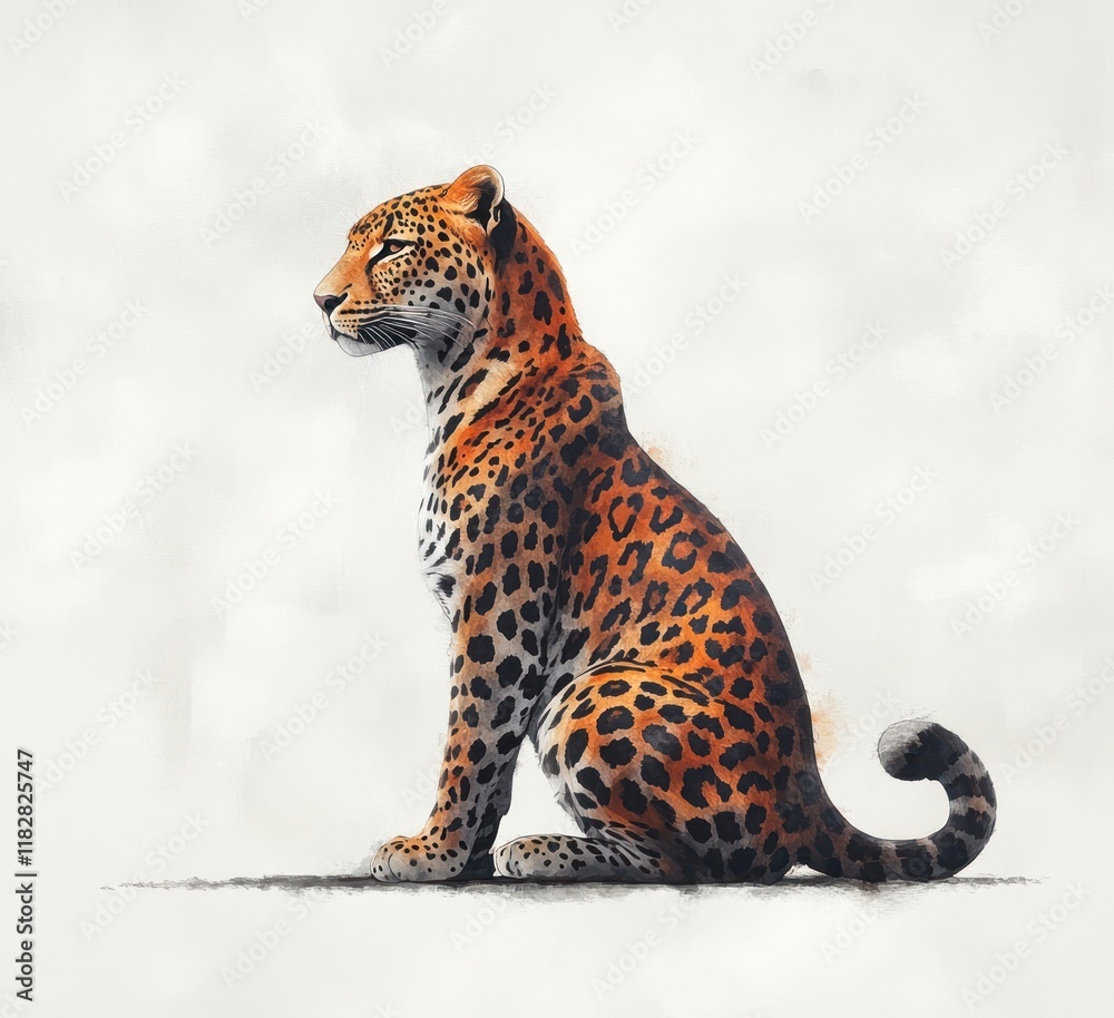 Obraz premium Majestic Leopard Watercolor Illustration with Silhouette on White Background