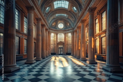    Interior view of a large hall with columns and checkered floor  golden hour.