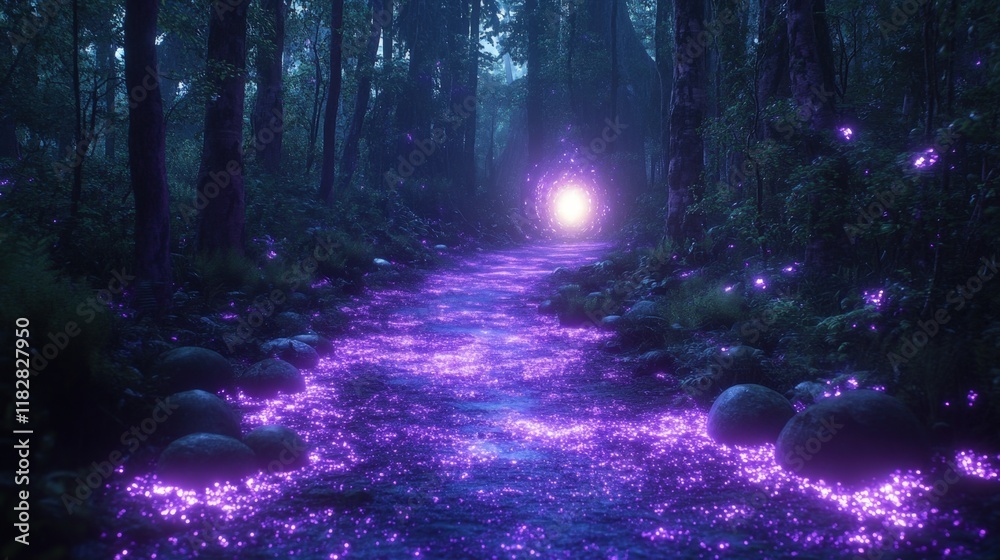 Fototapeta premium Enchanted Forest Stream at Night with Purple Glowing Particles