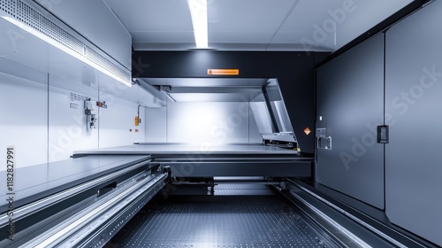 A shot of a high-tech laser cutting machine in action  with ample space for copy in the background.