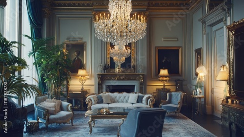 Opulent Living Room with Crystal Chandelier