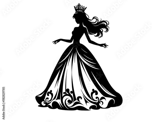 Silhouette of young princess. Clipart image isolated on background.