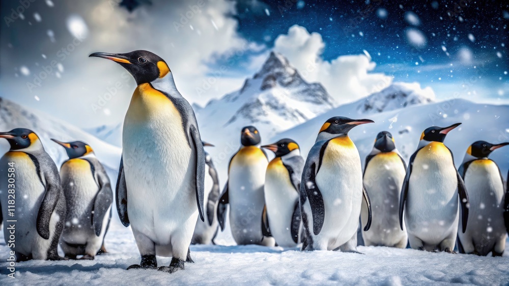 Fototapeta premium Penguin Group Leader Surrounded by a Charming Colony in a Snowy Landscape - Wildlife Photography, Antarctic Wildlife, Animal Behavior, Nature Photography, Penguins, Group Dynamics