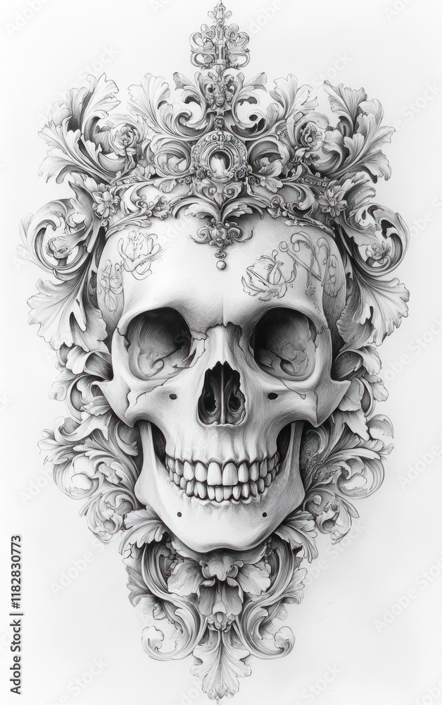 Fototapeta premium skull floral tattoo illustration black and white chiaroscuro design decoration