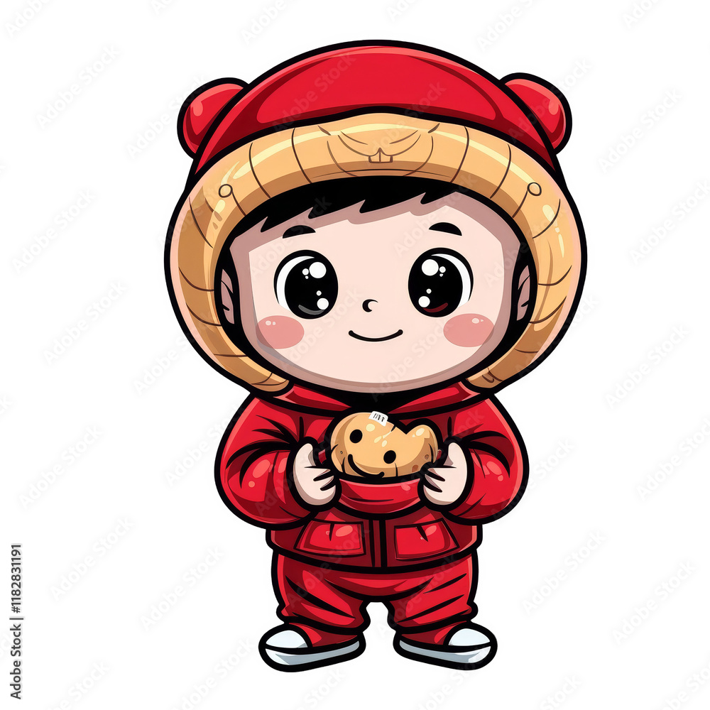 Fototapeta premium A cute cartoon boy in a red hooded jacket holding a cookie.