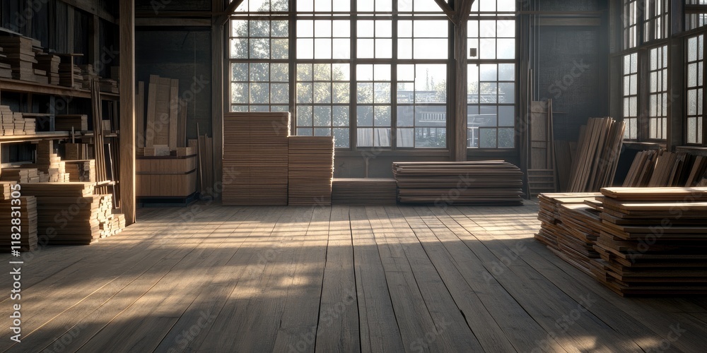Obraz premium Wood planks in a storage building with large windows in the background, usage in decor.