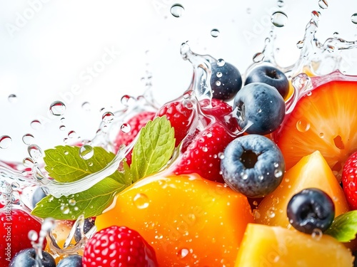 Mix of assorted fresh berries falling into water creating a vibrant splash, refreshing, food photography