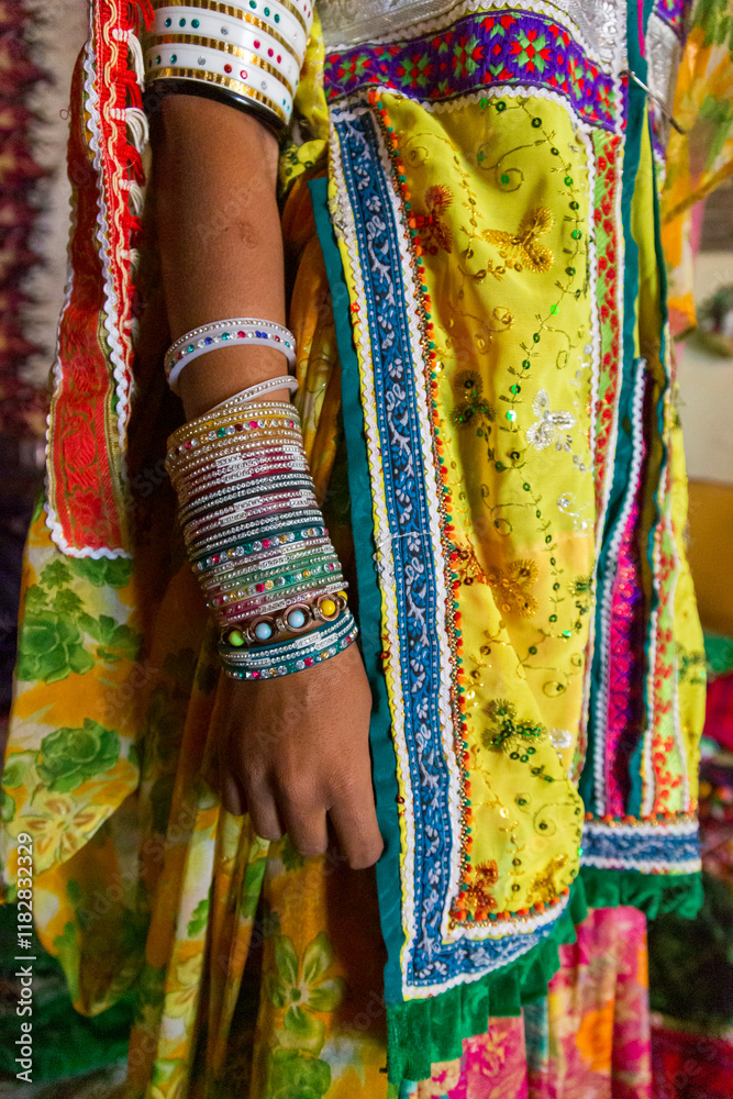 India, State of Gujarat, Bhuj, Kutch, Ludiya village. Meghwal Marwari tribe. Traditional clothing and jewelry. India, State of Gujarat, Bhuj, Kutch, Ludiya village. Meghwal Marwari tribe. Traditional clothing and jewelry.