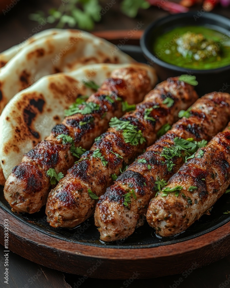Grilled Meat Kebabs with Flatbread and Sauce Grilled Meat Kebabs with Flatbread and Sauce