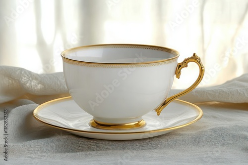 delicate porcelain teacup with gold trim in soft natural light photo