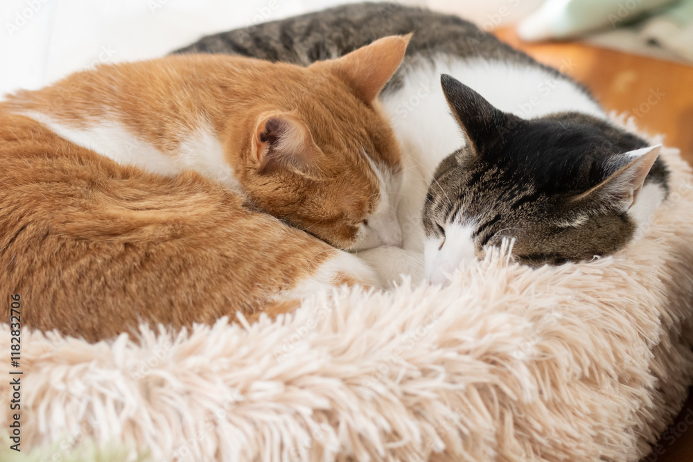 窓辺で眠る可愛い二匹の猫 窓辺で眠る可愛い二匹の猫