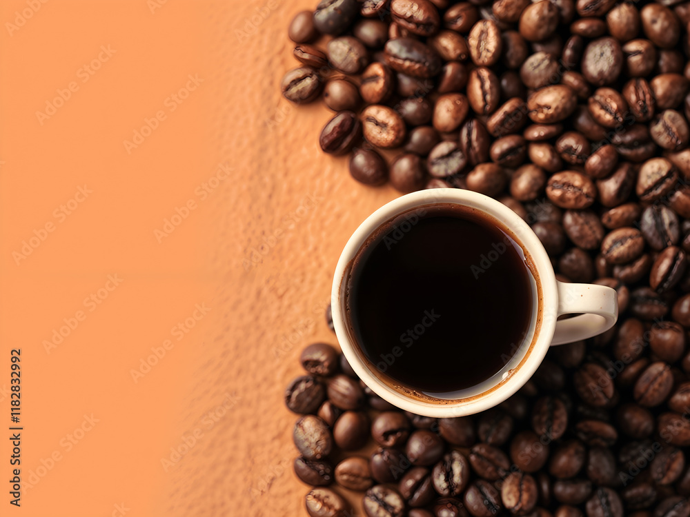 Coffee beans scattered on a wooden surface with a steaming cup of coffee. Great for cafes, food, or rustic design concepts. Generative AI Coffee beans scattered on a wooden surface with a steaming cup of coffee. Great for cafes, food, or rustic design concepts. Generative AI