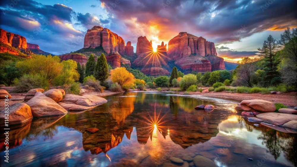 Fototapeta premium Sedona Cathedral Rock Holy Rock Pool: Spiritual Vortex, Arizona Nature Photography, Red Rock Landscape