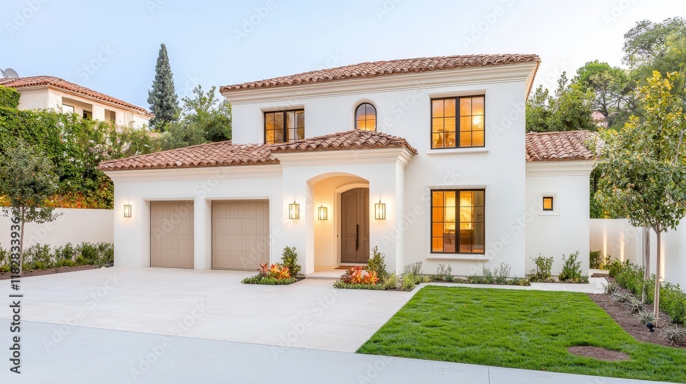 Fototapeta premium Elegant Mediterranean Style Home with Charming Architecture and Lush Landscaping in Suburban Neighborhood