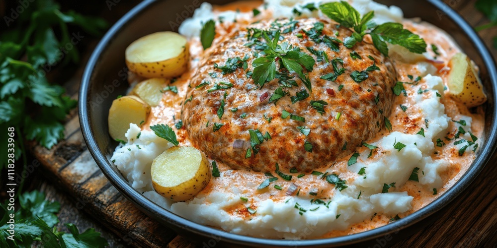 Delicious Vegan Lentil and Potato Dish with Creamy Mashed Potatoes and Herbs in Rustic Bowl - Perfect Comfort Food for Plant-Based Diet and Cozy Dinner Delicious Vegan Lentil and Potato Dish with Creamy Mashed Potatoes and Herbs in Rustic Bowl - Perfect Comfort Food for Plant-Based Diet and Cozy Dinner