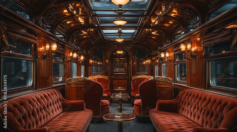 Luxurious vintage train interior elegant dining car cozy atmosphere