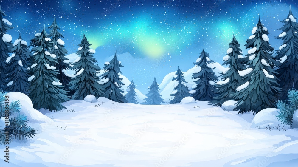 Fototapeta premium Serene Winter Landscape with Snow-Covered Trees and Northern Lights in a Starry Night Sky