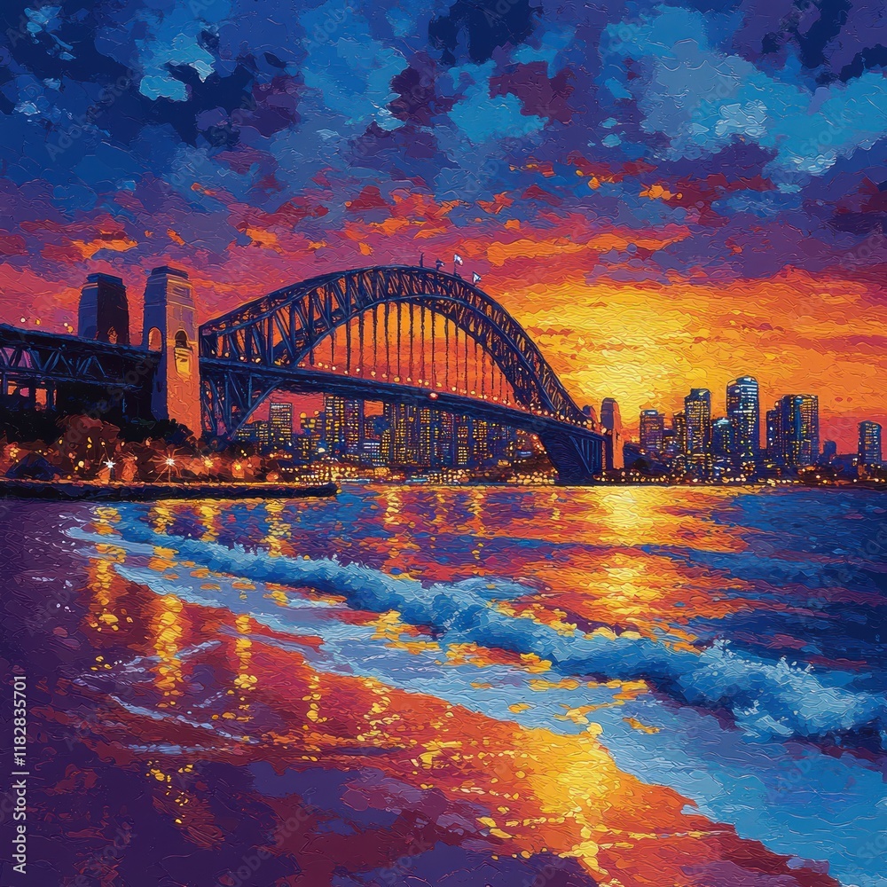 Obraz premium Vibrant Sydney Harbour Bridge Sunset Painting in Aboriginal Dot Art Style
