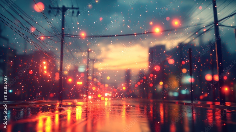 Fototapeta premium A rainy cityscape at dusk, with vibrant lights reflecting on wet streets.