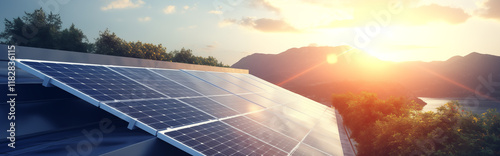 Solar panels on the roof at sunset.