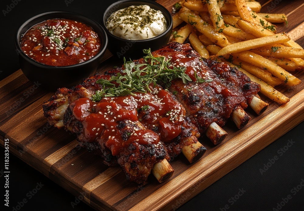 Delicious Barbecue Ribs with Savory Sauce Served with Golden French Fries and Flavorful Dips on a Wooden Platter for a Perfect Meal Experience