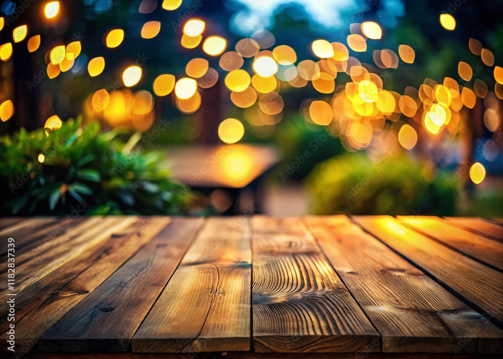 Empty Rustic Wooden Tabletop in Blurred Garden Setting - Low Light Product Photography Empty Rustic Wooden Tabletop in Blurred Garden Setting - Low Light Product Photography