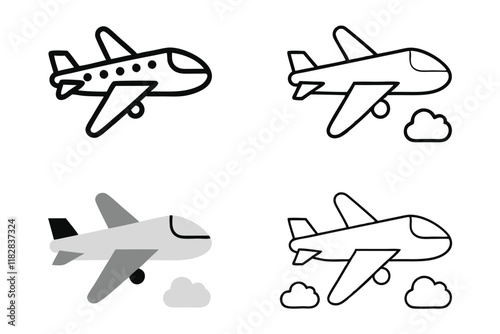 Simple airplane line art icon set featuring various designs of planes in flight, ideal for educational or coloring purposes for kids