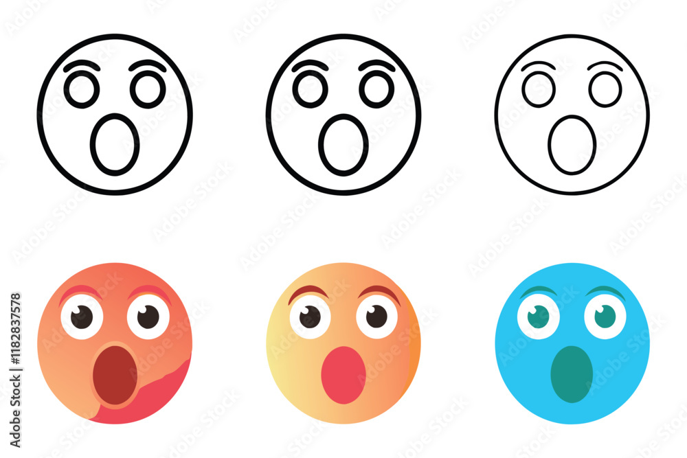shocked emoji icon set featuring wide eyes and open mouth illustration in minimalistic line art style shocked emoji icon set featuring wide eyes and open mouth illustration in minimalistic line art style