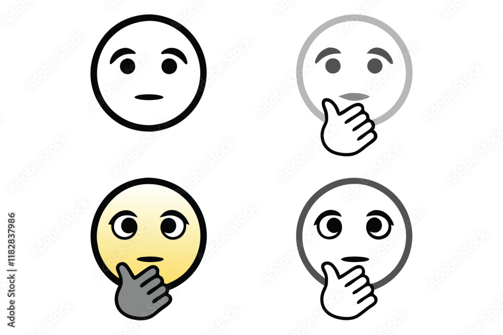 Minimalist thinking emoji illustrations featuring hand on chin gesture, ideal for communication themes, line art icon set Minimalist thinking emoji illustrations featuring hand on chin gesture, ideal for communication themes, line art icon set
