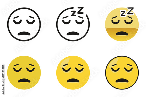 A weary emoji face with droopy eyes and a tired expression depicted in a minimalist and modern line art icon set