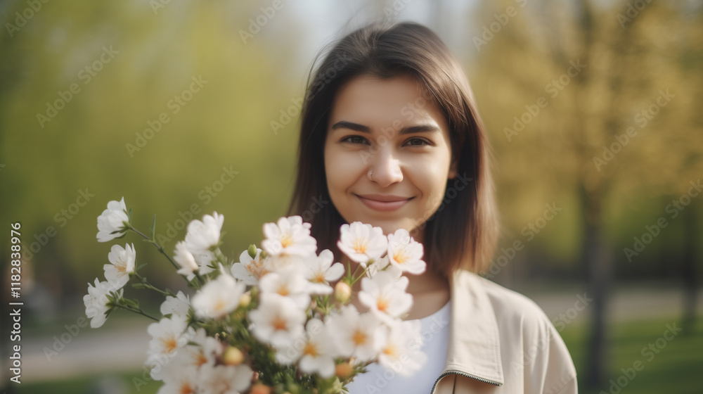 Smiling woman holding bouquet of white flowers in a sunny park during spring 8 march Smiling woman holding bouquet of white flowers in a sunny park during spring 8 march
